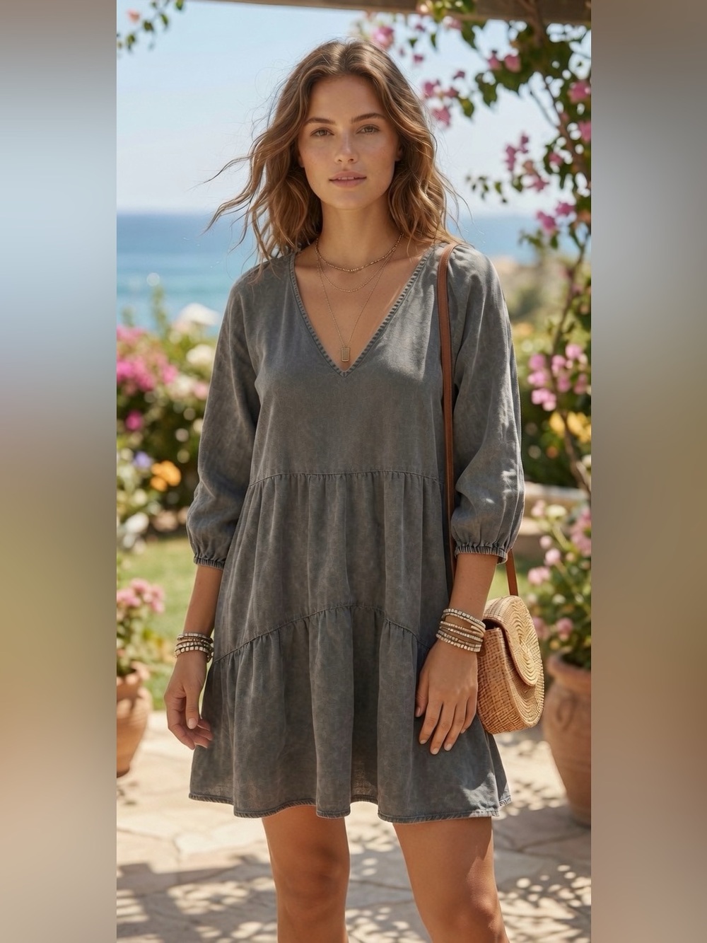 Talulah Gray Mineral Wash Tiered Peasant Dress Size S